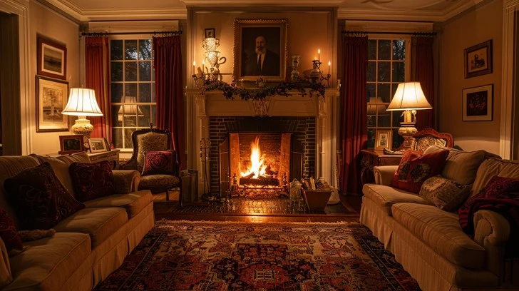 A softly lit living room arranged for a calm evening wind-down routine